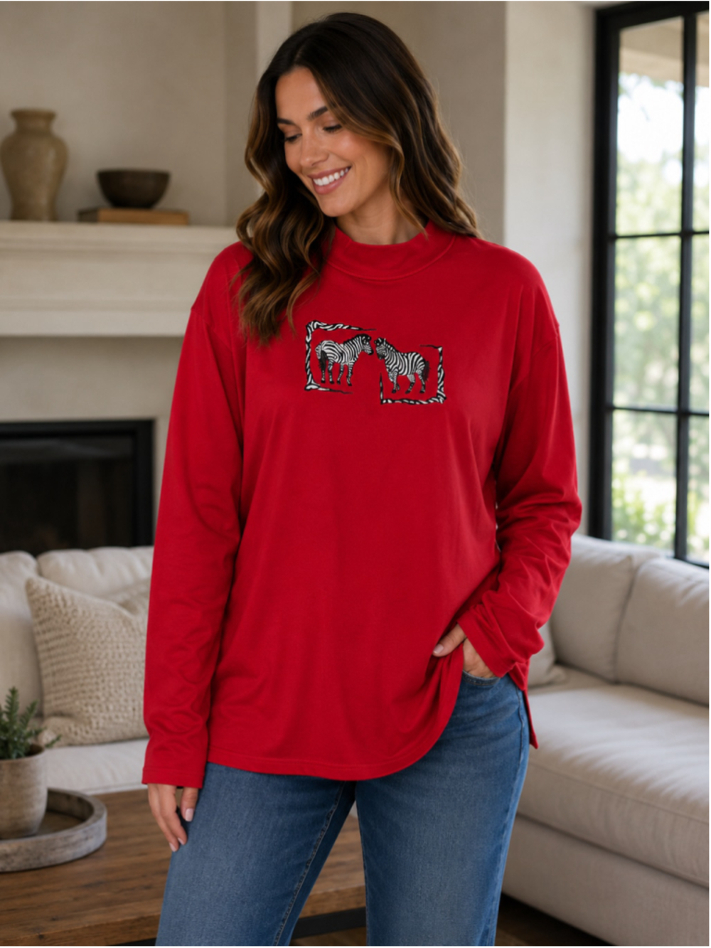 Women's Links Long Sleeve Zebra Graphic Tee Red Black Size XL